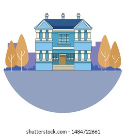 Classic and vintage big house building real estate with trees and garden in black and white vector illustration graphic design.