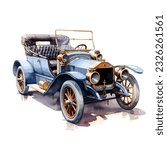 Classic vintage blue car luxury in watercolor illustration