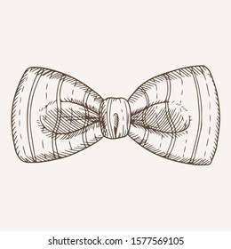 Classic vintage bow tie hand drawn illustration. Elegant striped neckwear. Traditional formal wear accessory monochrome ink drawing. Stylish bowtie with stripes isolated on white background