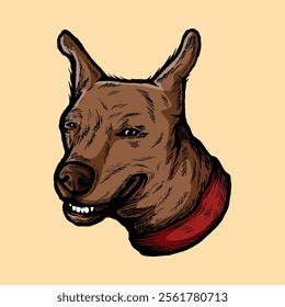 classic vintage brown dog doberman face character isolated colored drawing line art style sketch design illustration