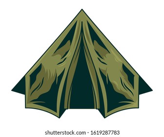 Classic vintage camping tent for trip journey travel adventure, on isolated white background. Retro booth camping and mountain exploring. Custom graphic print design vector engraving illustration.