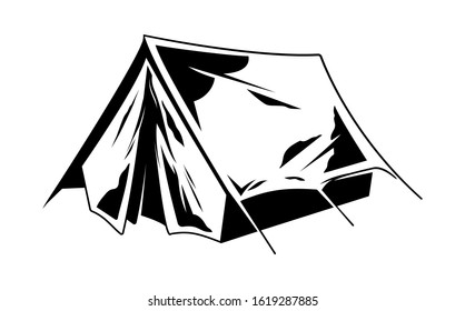 Classic vintage camping tent for trip journey travel adventure, on isolated white background. Retro booth camping and mountain exploring. Custom graphic print design vector engraving illustration.