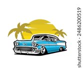 Classic vintage car in tropical beach vector illustration. Best for automotive tshirt design