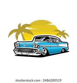 Classic vintage car in tropical beach vector illustration. Best for automotive tshirt design