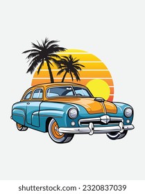 classic Vintage car, Vector classic car on the summer beach