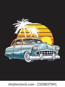 classic Vintage car, Vector classic car on the summer beach