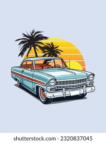 classic Vintage car, Vector classic car on the summer beach
