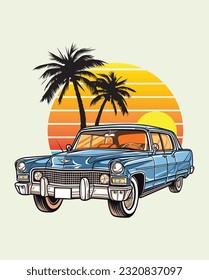 classic Vintage car, Vector classic car on the summer beach