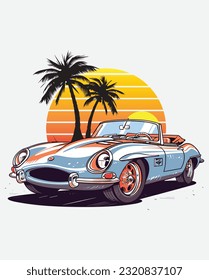 classic Vintage car, Vector classic car on the summer beach