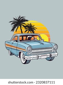 classic Vintage car, Vector classic car on the summer beach