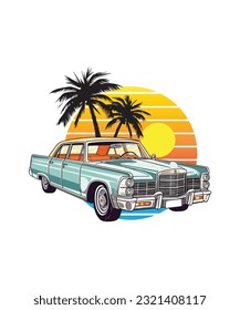 classic Vintage car, Vector classic car on the summer beach