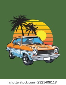 classic Vintage car, Vector classic car on the summer beach
