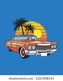 classic Vintage car, Vector classic car on the summer beach
