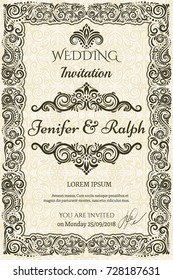 CLASSIC Vintage card with elegant decoration, calligraphic elegant FRAMES, elegant vignette, wedding invitation, diploma design etc. Damask ornamental BEIGE background.