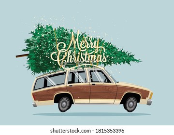 Classic Vintage Cartoon Family Car With Christmas Tree On The Roof And Marry Christmas Lettering. Christmas Card Or Poster Design Template. Vector Illustration