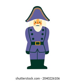  Classic vintage Christmas toy Nutcracker in purple uniform. Vector hand drawn flat illustration isolated on white background.