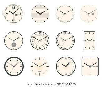 Classic and vintage clock and watch faces circle and rectangle designs. Analog clocks dial with roman numbers, hands and needle vector set. Antique mechanic equipment for decoration