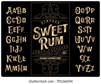 Classic vintage decorative font set named "Sweet Rum" with label design template