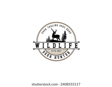 Classic Vintage Deer for Wildlife Hunting Logo Design, Vintage Deer Logo Design