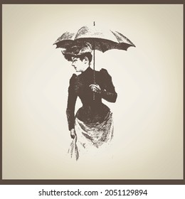 Classic vintage elegant woman with umbrella. Etching illustration style