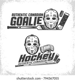 Classic vintage emblems of Canadian hockey with retro goale mask, stick and puck. Grunge texture on separate layer and can be disabled.