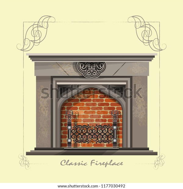 Classic Vintage Fireplace Made Granite Red Stock Vector Royalty