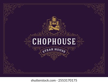 Classic vintage floral motif golden ornate logo butchery butcher shop design template vector illustration. Luxury elegant Victorian swirl flourishes emblem man axe cut calligraphic label meat store