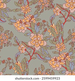 Classic vintage floral seamless pattern with delicate flowers and swirling leaves. Great for textiles and wallpapers.