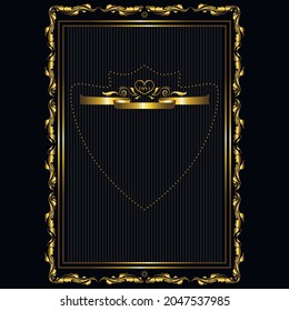 Classic vintage gold frame made of swirling petals with beaded frame inside with coat of arms, numbers and gold ribbon on striped black background