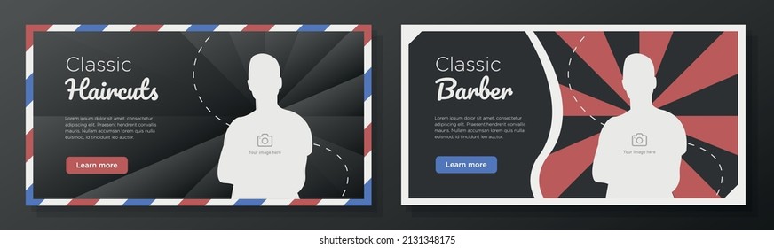 Classic vintage haircuts online banner template set, barbershop advertisement, horizontal ad, hair cutting salon campaign webpage, flyer, creative brochure, isolated on background.