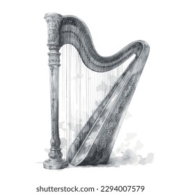 Classic vintage harp in watercolor illustration