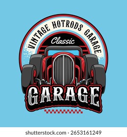 Classic vintage visão frontal de carro quente com texto de garagem retro e design de tipografia arrojado