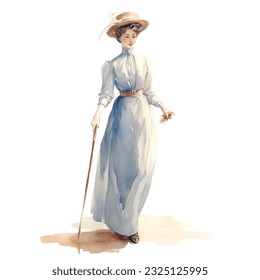 classic vintage lady's maid strolling around in watercolor illustration