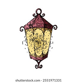 classic vintage lantern hand drawn. rustic collectible, oil brass, metal glass classic vintage lantern vector sketch. isolated color illustration