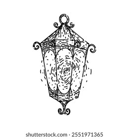 classic vintage lantern hand drawn. rustic collectible, oil brass, metal glass classic vintage lantern vector sketch. isolated black illustration