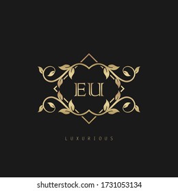 Classic Vintage Letter E, U, EU  logo. Vector logo design concept classic vintage with nature leaves.