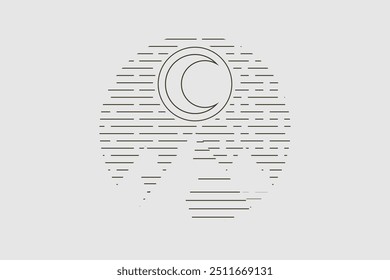 A classic vintage logo featuring mountains, sea waves, sun, and moon, rendered in elegant line art to symbolize the unity of nature's elements