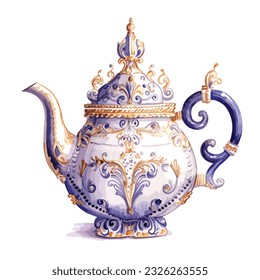 classic vintage luxury decorative tea pot in watercolor illustration