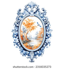 Classic vintage luxury mirror frame painting of landscape in french toile de jouy illustration style