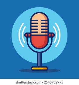 A classic, vintage microphone design, perfect for podcasting, music production, and other audio projects. The microphone is illustrated in a simple, clean style, with a subtle blue background.