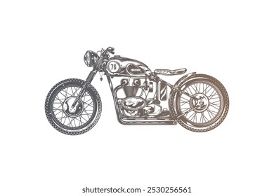 Classic vintage motorcycle. Original vector illustration in vintage style isolated on white background. T-shirt design. Hand drawn, not AI