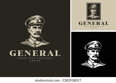 Classic Vintage Mustache Man mit Offizier Uniform Hat für den Oberbefehlshaber der Streitkräfte des Weltkriegs Militärisches Schwarzes Weiß Portrait Silhouette Illustrationslogo Design