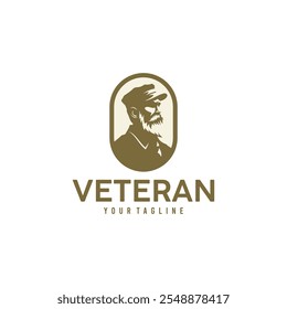 Classic Vintage Mustache old Man with Officer Uniform Hat for World War Army General Commander Military Black White Portrait Silhouette illustration logo design