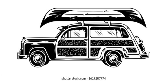 Classic vintage old car for freedom travel mountains trip journey camping outdoor with canoe on the roof for water rafting on the river. Retro custom graphic engraving design drawing illustration.