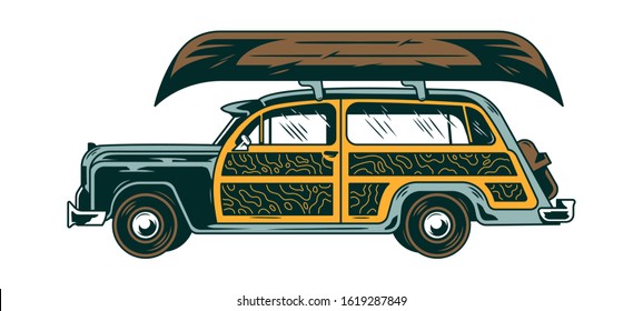 Classic vintage old car for freedom travel mountains trip journey camping outdoor with canoe on the roof for water rafting on the river. Retro custom graphic engraving design drawing illustration.