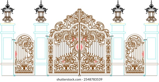 classic vintage old iron fence gate ethnic European style with floral accessories