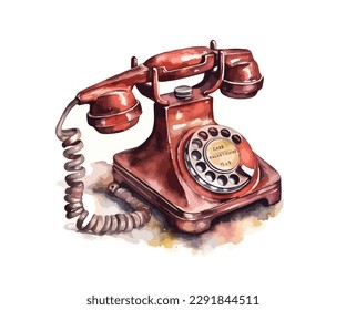 Classic vintage old rotary red telephone in watercolor