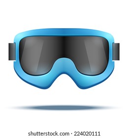 Classic vintage old school blue snowboard ski goggles with black glass. Vector isolated on white background