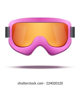 Classic vintage old school pink snowboard ski goggles with colorful glass. Vector isolated on white background