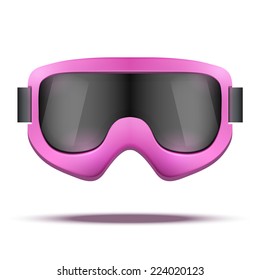 Classic vintage old school pink snowboard ski goggles with black glass. Vector isolated on white background